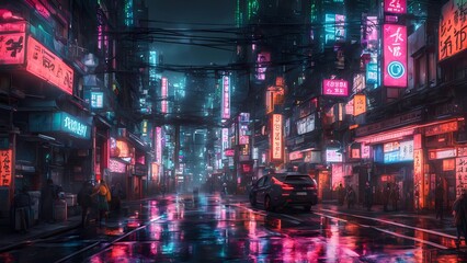 Japanese urban theme with a neon, futuristic and mysterious style.
