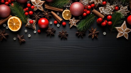 happy Christmas background with the concept of plants and Christmas ornaments on a black background