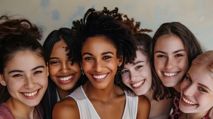 Obraz premium Portrait of gorgeous multiracial women standing together and smiling. 