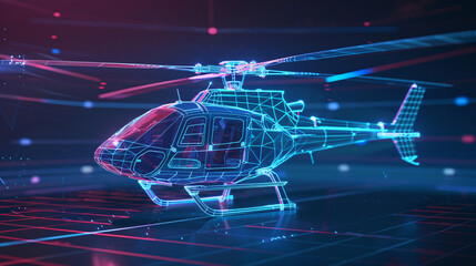 Futuristic 3d rendered chopper xray blue transparent helicopter wire frame. Futuristic helicopter holographic blueprints  with proper highlights and shadows.