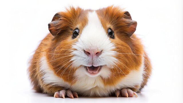 Adorable furry guinea pig showcasing bright white teeth, happily smiling, front facing, isolated on a clean pure white background.