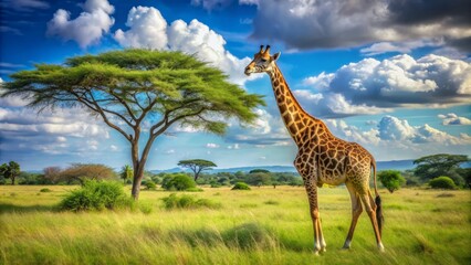 Obraz premium Majestic wild giraffe standing alone in serene African savannah landscape with lush green trees and vast blue sky backdrop.