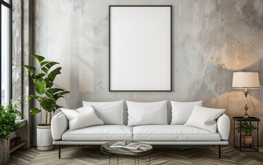 Contemporary Living Room Interior: Wooden Frame Mockup for Wall Poster, House Background. Modern Design Concept with Minimalist Aesthetic and Cozy Ambiance