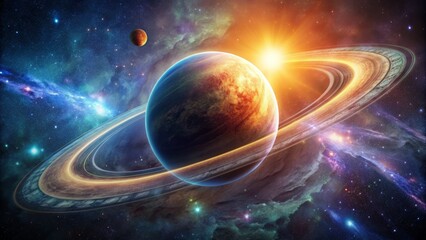 Obraz premium Vibrant celestial body with luminous atmosphere, encircled by a swooping elliptical orbit, suspended in the dark vastness of outer space.