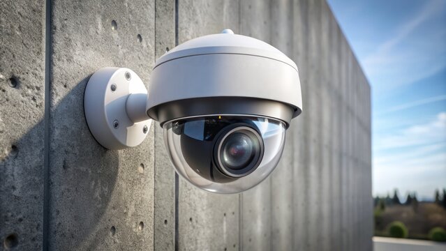 Modern sleek 360 degree dome security camera with night vision and weatherproof design mounted on gray concrete wall backdrop.