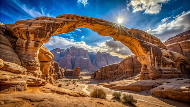 Spectacular ancient rock bridge Um Fruth stands majestically amidst towering sandstone formations in Jordan's Wadi Rum desert under crystal clear skies.
