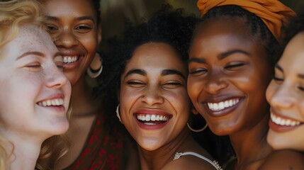 Obraz premium Portrait of gorgeous multiracial women standing together and smiling. 