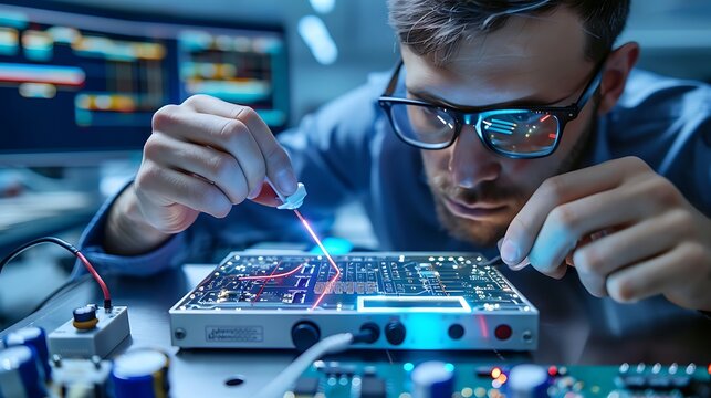 A close-up of a technician testing a newly assembled circuit board with an oscilloscope, measuring voltage and analyzing waveforms. 