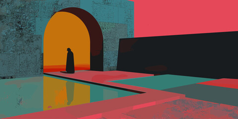 Minimalist, surreal scene featuring a solitary figure in a dark cloak standing by a pool with geometric reflections. The bold, contrasting colors and shadows create a mysterious, contemplative atmosph