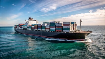 Large container vessel navigating through calm turquoise waters under clear blue sky with cargo stacked on deck.
