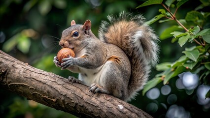 Adorable fluffy gray squirrel sitting comfortably on a thick branch of a lush green tree, holding a brown acorn tightly.