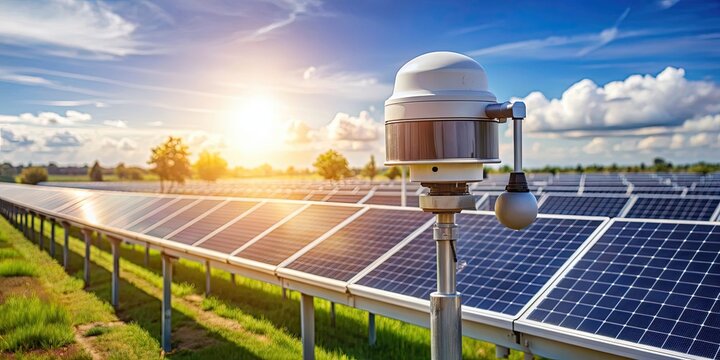 Pyranometer measuring sunlight in solar farm for green energy generation, pyranometer, solar farm, sunlight