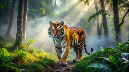 Majestic orange and black tiger walking alone in a serene misty forest surrounded by lush green trees and vibrant foliage. © DigitalArt Max