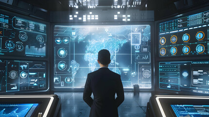 3D Flat Icon CFO with Digital Dashboard  Financial Projections in High Tech Office   Mid Shot of CFO in High Tech Office Analyzing Data with Copy Space on Futuristic Decor Backgro