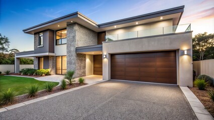 Fototapeta premium Modern suburban house with sleek lines features a beautiful exposed aggregate concrete surface driveway and locked garage door accentuated.