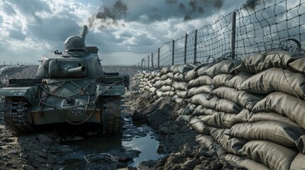 Fototapeta premium Defensive Military Tank in Fortified Position with Sandbags and Barbed Wire for Protection. Realistic Military Defense Setup Photo.