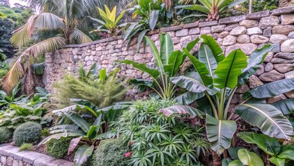 Obraz premium Vibrant green tropical plants with various textures and patterns densely cover a rustic stone wall in a lush, serene atmosphere.