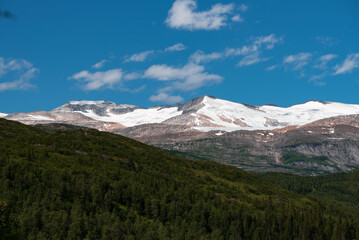 Spectacular view from hike between Marmorslottet and Pikhaugen, of Svartisheia, Steintinden and Blåtind. Tall Norwegian summer mountains covered in ice, surrounded by nordic forests. Fjelltur i Norge