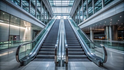 Fototapeta premium Modern sleek silver escalator rising through open atrium surrounded by gleaming glass walls and polished dark wood handrails.