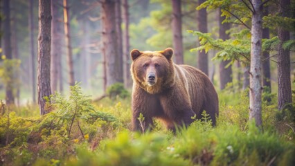 Fototapeta premium A majestic brown bear roams freely in a serene, misty forest, surrounded by tall trees and lush green undergrowth.