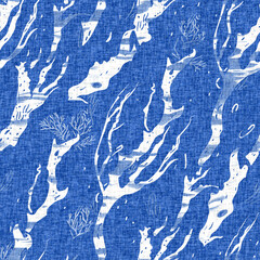 Whimsical seaweed kelp coastal electric blue beach pattern. Batik screen block print cloth effect. Playful tropical summervacation background. Modern scandi underwater plant seamless design.