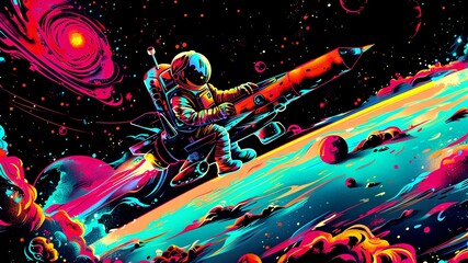 astronaut with futuristic rocket in abstract with splash colors in the vintage style