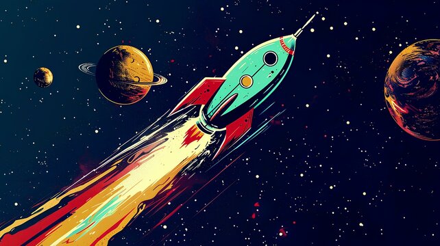 space rocket launch to space classic cartoon poster retro style 