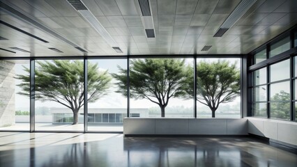 Modern minimalist concrete office interior with large window showcasing strong gusts of wind blowing trees outside blank white wall.