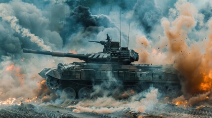 Intense Military Training: BMP-2 Infantry Fighting Vehicle in Action Amidst Smoke and Explosions. Realistic War Exercise Scene.