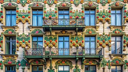 Fototapeta premium Ornate Art Nouveau building facade in Vienna, with intricate ironwork, stained glass, and floral motifs , Vienna