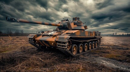 Fototapeta premium Power Unleashed: Tiger I Tank in Open Field Under Stormy Skies - Realistic War Evoke Image with Dramatic Lighting