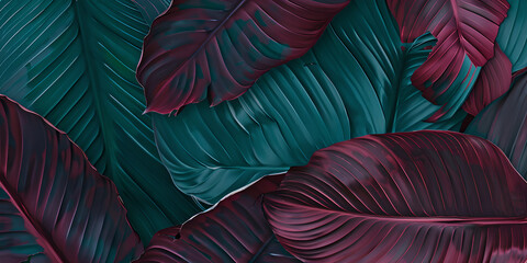 Tropical leaves in vibrant teal and burgundy colors