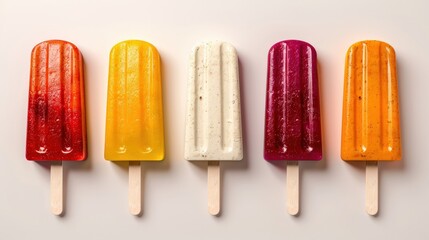 Colorful homemade popsicles arranged in a row on a light background, showcasing a variety of flavors and vibrant colors.