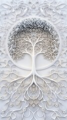 Intricate white paper art featuring a beautifully detailed tree with elaborate branches and roots creating a symmetrical design.