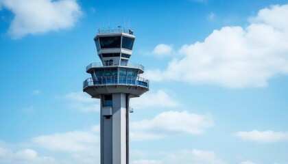 air traffic control tower with a blue sky and clouds as background. low angle

