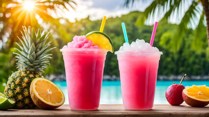  Colorful pink slushie drink in plastic cup on blurred tropical background with sunbeam. Multicolored frozen juice cocktail Slush. Summer tropical crushed ice beverage. Banner with copy space, ai