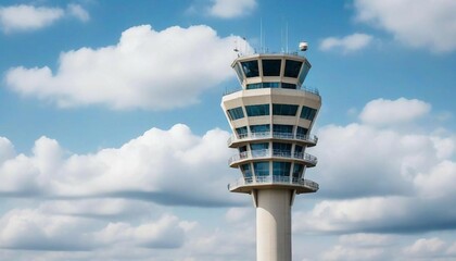 air traffic control tower with a blue sky and clouds as background. low angle

