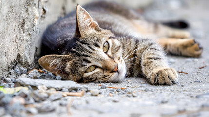 Tired and weary stray cat resting alone on the dirty pavement of a gritty urban alley with its eyes closed and paws tucked in appearing vulnerable and contemplative in its solitary state
