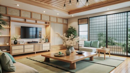 Serenely lit, minimalist Japanese-style living room with beige wooden furniture, vase of flowers, and calming greenery on warm beige background.