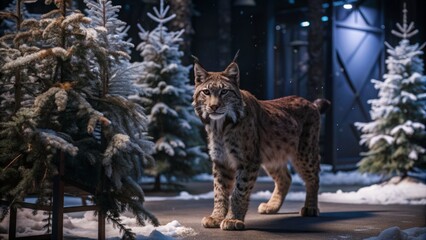 Fototapeta premium lynx walking through a studio set designed to look like a snowy forest with snow-covered trees and ground.