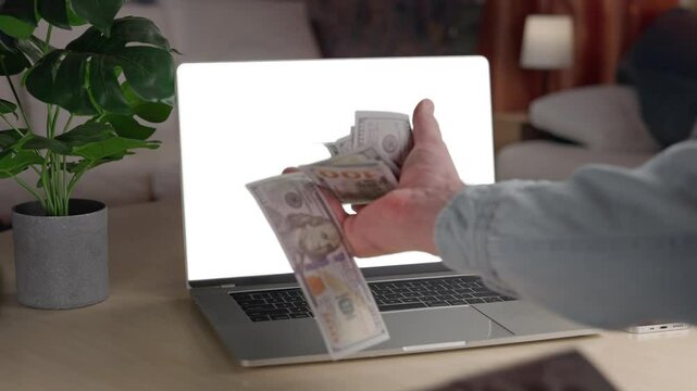 Passive income online. Cash flow, dollar bills floating out of the laptop screen. Money rain flying out of the laptop screen Make money online. Business making easy money online concept. Investment