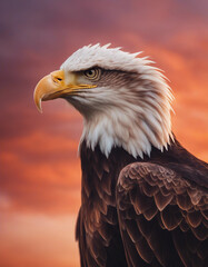 Fototapeta premium portrait of bald eagle, dramatic sunset colors painting the sky with warm hues, blurry background 
