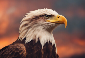 Obraz premium portrait of bald eagle, dramatic sunset colors painting the sky with warm hues, blurry background 