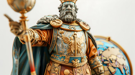 Fototapeta premium Imperial Emperor 3D Flat Icon with Globe and Scepter on Whimsical Background Symbolizing Supreme Control and Authority