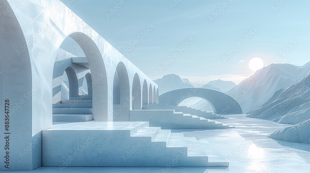 Poster abstract 3d render of a futuristic architectural scene with surreal geometric shapes, creating a min