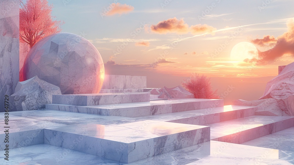 Poster a minimalistic 3d render of a surreal architectural landscape, featuring abstract geometric shapes a