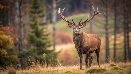Fototapeta premium Majestic brown deer stands alert with impressive antlers in a serene autumn wilderness, surrounded by pine trees and lush grass landscape.