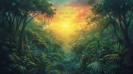 Lush Green Jungle Canopy with Vibrant Plants and Golden Sunset