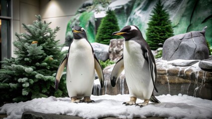 Fototapeta premium pair of penguins standing in a studio setup designed to look like an Antarctic landscape with snow and ice.
