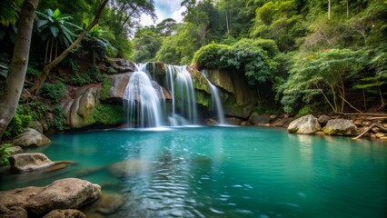Fototapeta premium Lush greenery surrounds a serene mountainside tropical waterfall cascading down rocky cliffs into a tranquil turquoise pool.